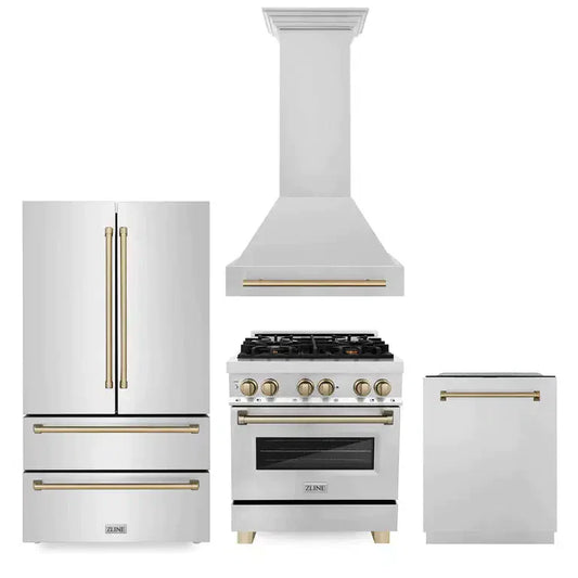 ZLINE Autograph Edition 30 in. Kitchen Package with Stainless Steel Dual Fuel Range, Range Hood, Dishwasher and Refrigerator with Champagne Bronze Accents (4KAPR-RARHDWM30-CB)