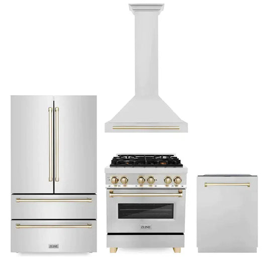 ZLINE Autograph Edition 30 in. Kitchen Package with Stainless Steel Dual Fuel Range, Range Hood, Dishwasher and Refrigerator with Polished Gold Accents (4KAPR-RARHDWM30-G)