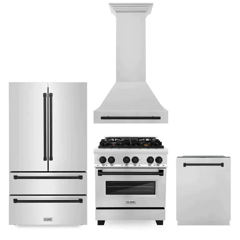ZLINE Autograph Edition 30 in. Kitchen Package with Stainless Steel Dual Fuel Range, Range Hood, Dishwasher and Refrigerator with Matte Black Accents (4KAPR-RARHDWM30-MB)