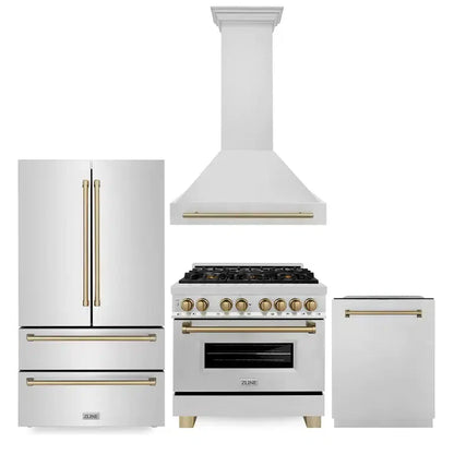 ZLINE Autograph Edition 36 in. Kitchen Package with Stainless Steel Dual Fuel Range, Range Hood, Dishwasher and Refrigerator with Champagne Bronze Accents (4KAPR-RARHDWM36-CB)