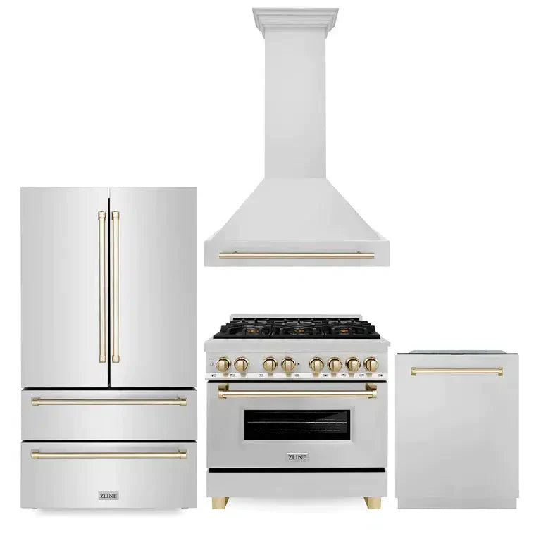 ZLINE Autograph Edition 36 in. Kitchen Package with Stainless Steel Dual Fuel Range, Range Hood, Dishwasher and Refrigerator with Polished Gold Accents (4KAPR-RARHDWM36-G)