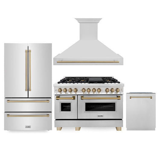 ZLINE Autograph Edition 48 in. Kitchen Package with Stainless Steel Dual Fuel Range, Range Hood, Dishwasher and Refrigerator with Champagne Bronze Accents (4KAPR-RARHDWM48-CB)