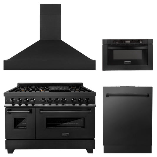 ZLINE 48 in. Kitchen Package with Black Stainless Steel Dual Fuel Range, Range Hood, Microwave Drawer and Dishwasher (4KP-RABRH48-MWDW)