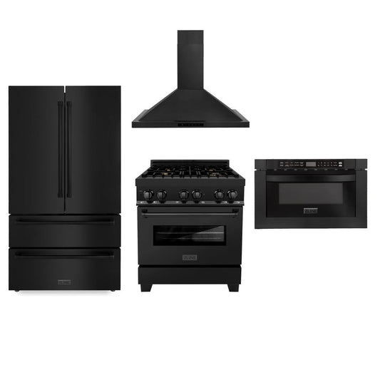 ZLINE Kitchen Package with Black Stainless Steel Refrigerator, 30 in. Dual Fuel Range, 30 in. Range Hood and Microwave Drawer (4KPR-RABRH30-MW)
