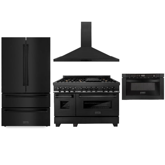 ZLINE Kitchen Package with Black Stainless Steel Refrigerator, 48 in. Dual Fuel Range, Range Hood, and Microwave Drawer (4KPR-RABRH48-MW)