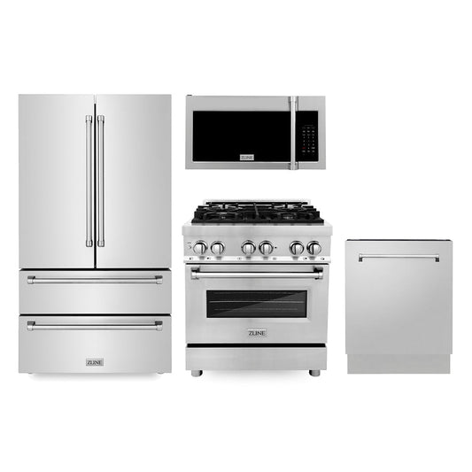 ZLINE Kitchen Package with Refrigerator, 30 in. Stainless Steel Dual Fuel Range, 30 in. Traditional Over-the-Range Microwave and 24 in. Tall Tub Dishwasher (4KPR-RAOTRH30-DWV)