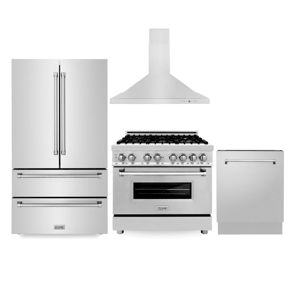ZLINE Kitchen Package with Refrigerator, 36 in. Stainless Steel Dual Fuel Range, 36 in. Convertible Vent Range Hood and 24 in. Tall Tub Dishwasher (4KPR-RARH36-DWV)