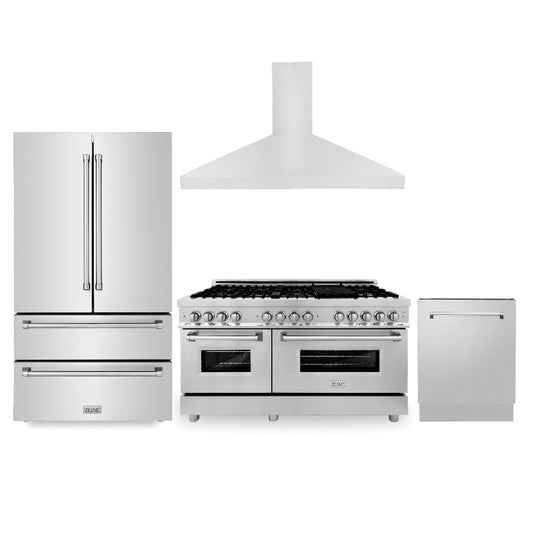 ZLINE Kitchen Package with Refrigerator, 60 in. Stainless Steel Dual Fuel Range, 60 in. Convertible Vent Range Hood and 24 in. Tall Tub Dishwasher (4KPR-RARH60-DWV)