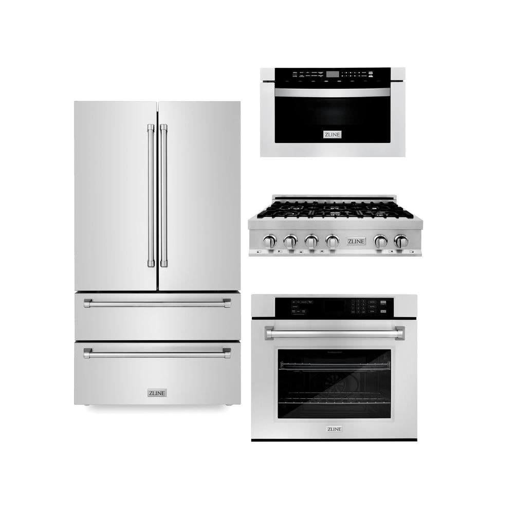 ZLINE Kitchen Package with Refrigerator, 36 in. Stainless Steel Rangetop, 30 in. Single Wall Oven, 30 in. Microwave Oven (4KPR-RT36-MWAWS)