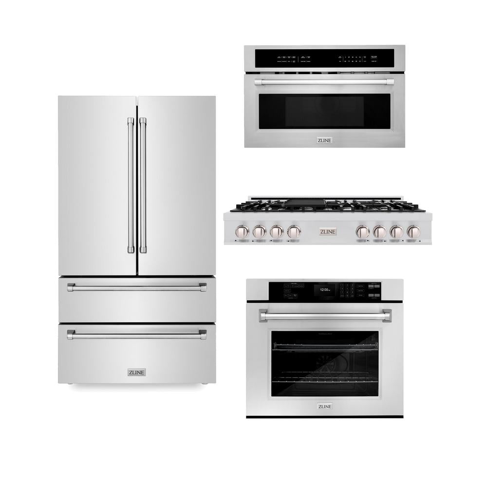 ZLINE Kitchen Package with Refrigerator, 48 in. Stainless Steel Rangetop, 30 in. Single Wall Oven, 30 in. Microwave Oven (4KPR-RT48-MWAWS)