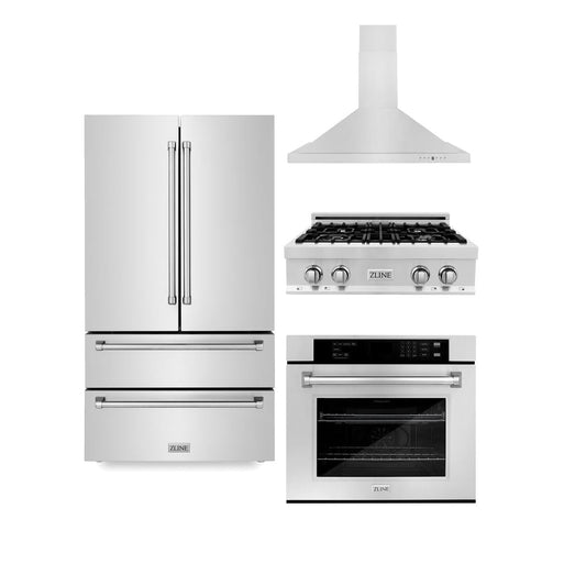 ZLINE Kitchen Package with Refrigerator, 30 in. Stainless Steel Rangetop, 30 in. Range Hood and 30 in. Single Wall Oven (4KPR-RTRH30-AWS)