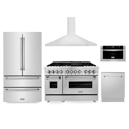 ZLINE Kitchen Package with Refrigerator, 48 in. Stainless Steel Dual Fuel Range, 48 in. Convertible Vent Range Hood, 24 in. Microwave Drawer, and 24 in. Tall Tub Dishwasher (5KPR-RARH48-MWDWV)