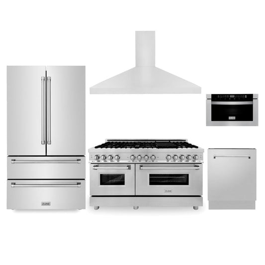 ZLINE Kitchen Package with Refrigerator, 60 in. Stainless Steel Dual Fuel Range, 60 in. Convertible Vent Range Hood, 24 in. Microwave Drawer, and 24 in. Tall Tub Dishwasher (5KPR-RARH60-MWDWV)