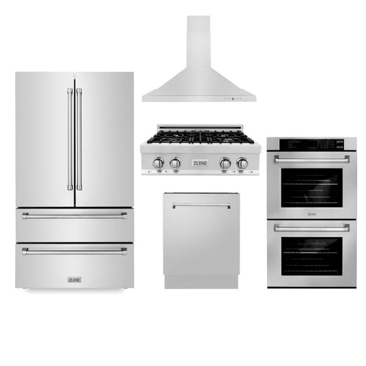 ZLINE Kitchen Package with Refrigerator, 30 in. Stainless Steel Gas Rangetop, 30 in. Convertible Vent Range Hood, 30 in. Double Wall Oven, and 24 in. Tall Tub Dishwasher (5KPR-RTRH30-AWDDWV)
