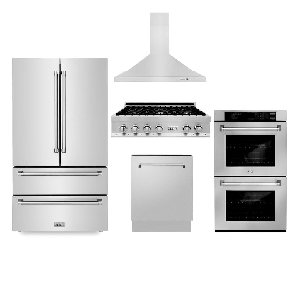 ZLINE Kitchen Package with Refrigerator, 36 in. Stainless Steel Gas Rangetop, 36 in. Convertible Vent Range Hood, 30 in. Double Wall Oven, and 24 in. Tall Tub Dishwasher (5KPR-RTRH36-AWDDWV)