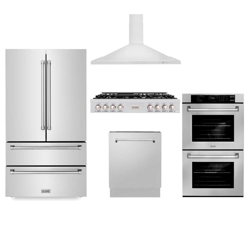 ZLINE Kitchen Package with Refrigerator, 48 in. Stainless Steel Rangetop, 48 in. Range Hood, 30 in. Double Wall Oven and 24 in. Tall Tub Dishwasher (5KPR-RTRH48-AWDDWV)