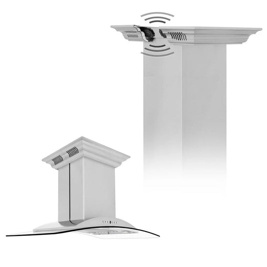 ZLINE 36 in. CrownSound™ Ducted Vent Island Mount Range Hood in Stainless Steel and Glass with Built-in Bluetooth Speakers (GL9iCRN-BT-36)