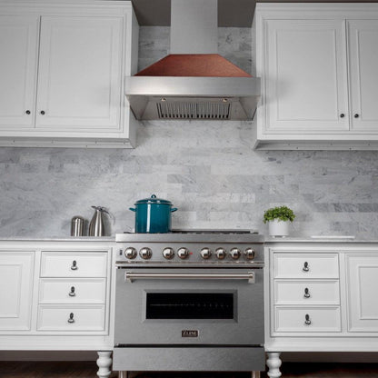 ZLINE 36 in. Ducted Satin Stainless Steel Wall Mount Range Hood with Hand-Hammered Copper Shell (8654HH-36)
