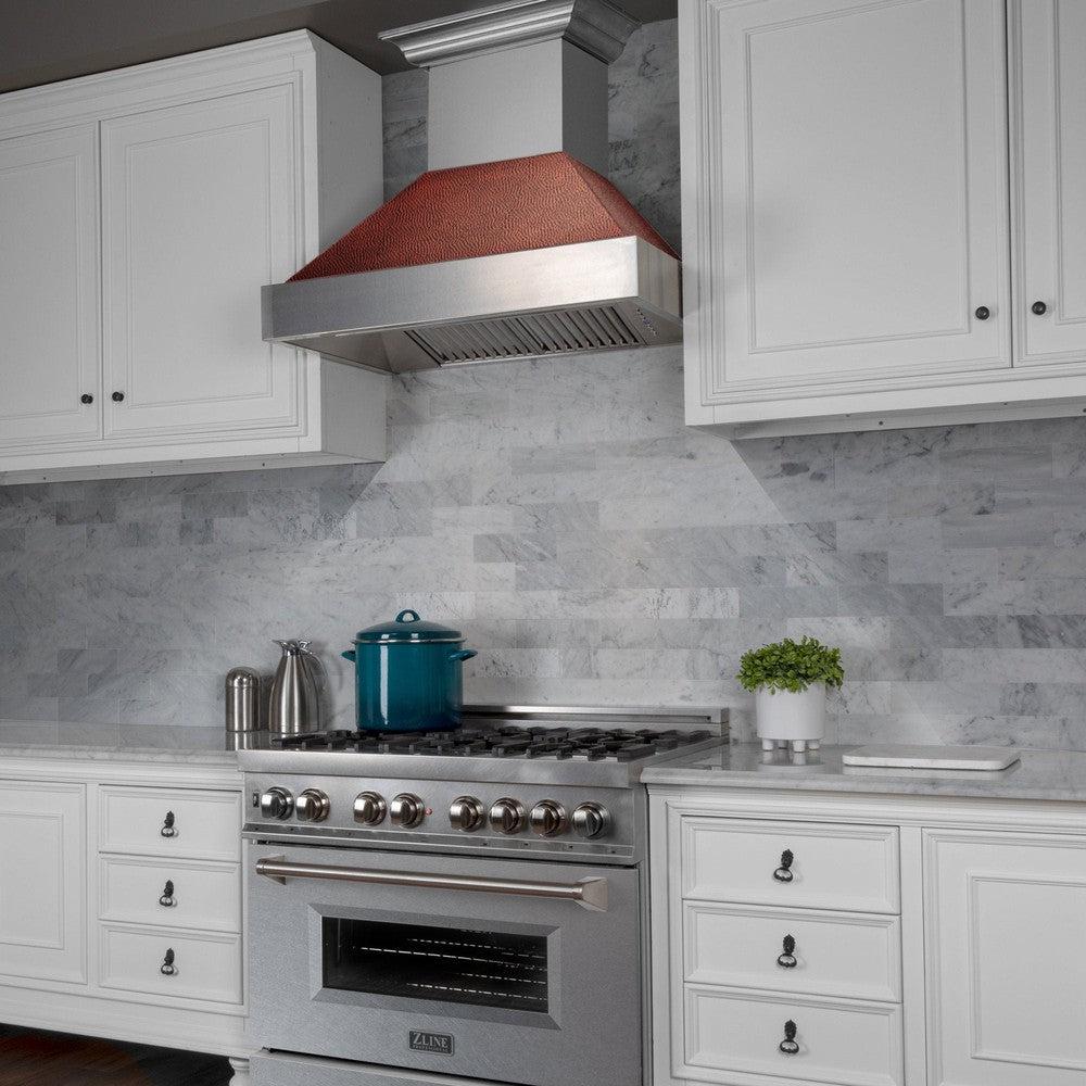 ZLINE 36 in. Ducted Satin Stainless Steel Wall Mount Range Hood with Hand-Hammered Copper Shell (8654HH-36)