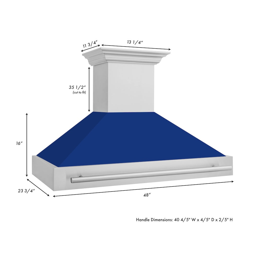 ZLINE 48 in. Satin Stainless Steel Wall Mount Range Hood with Blue Gloss Shell and Stainless Steel Handle (8654SNX-BG48)