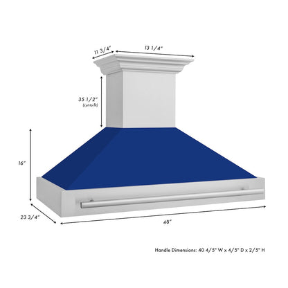 ZLINE 48 in. Satin Stainless Steel Wall Mount Range Hood with Blue Gloss Shell and Stainless Steel Handle (8654SNX-BG48)