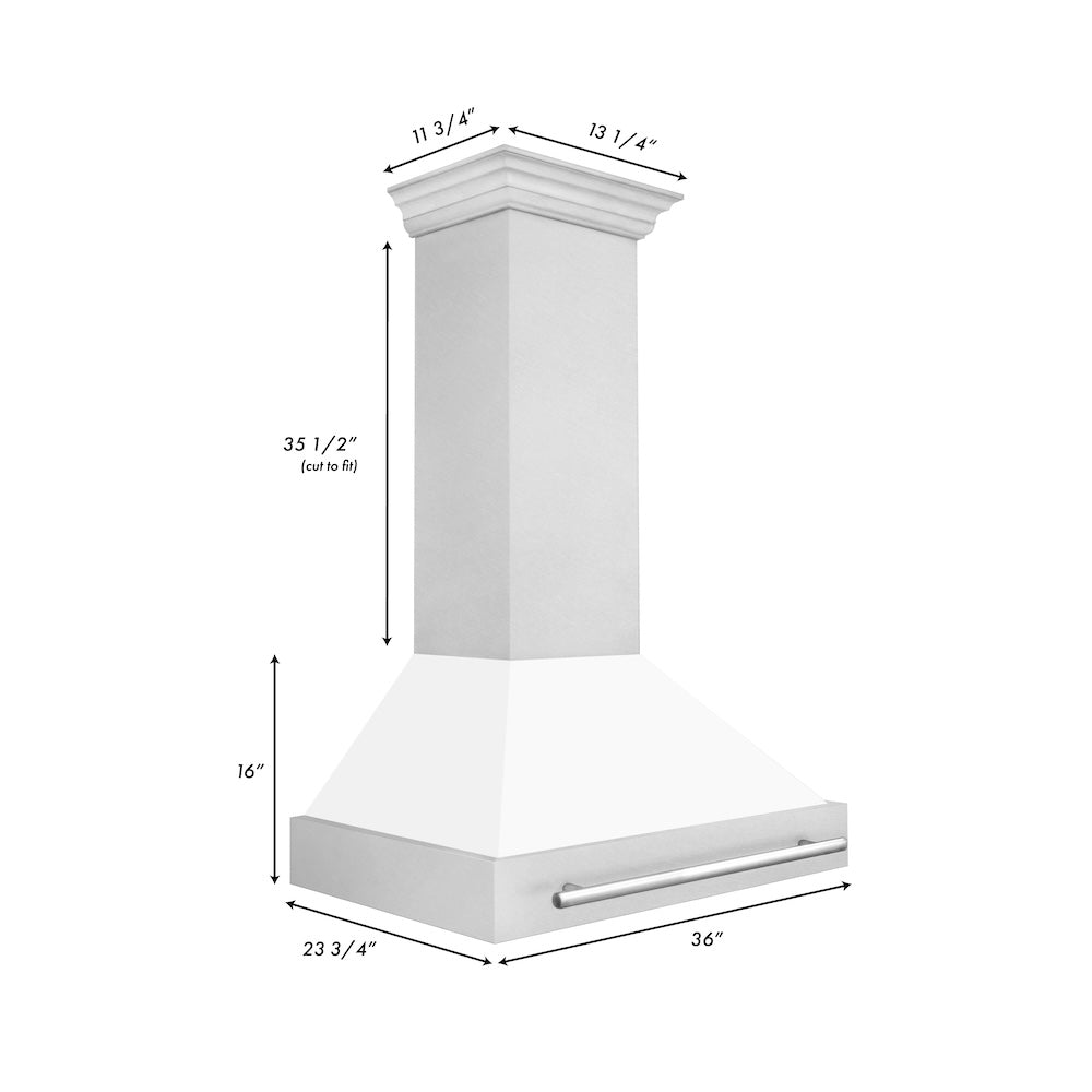 ZLINE 36 in. Satin Stainless Steel Wall Mount Range Hood with White Matte Shell and Stainless Steel Handle (8654SNX-WM-36)
