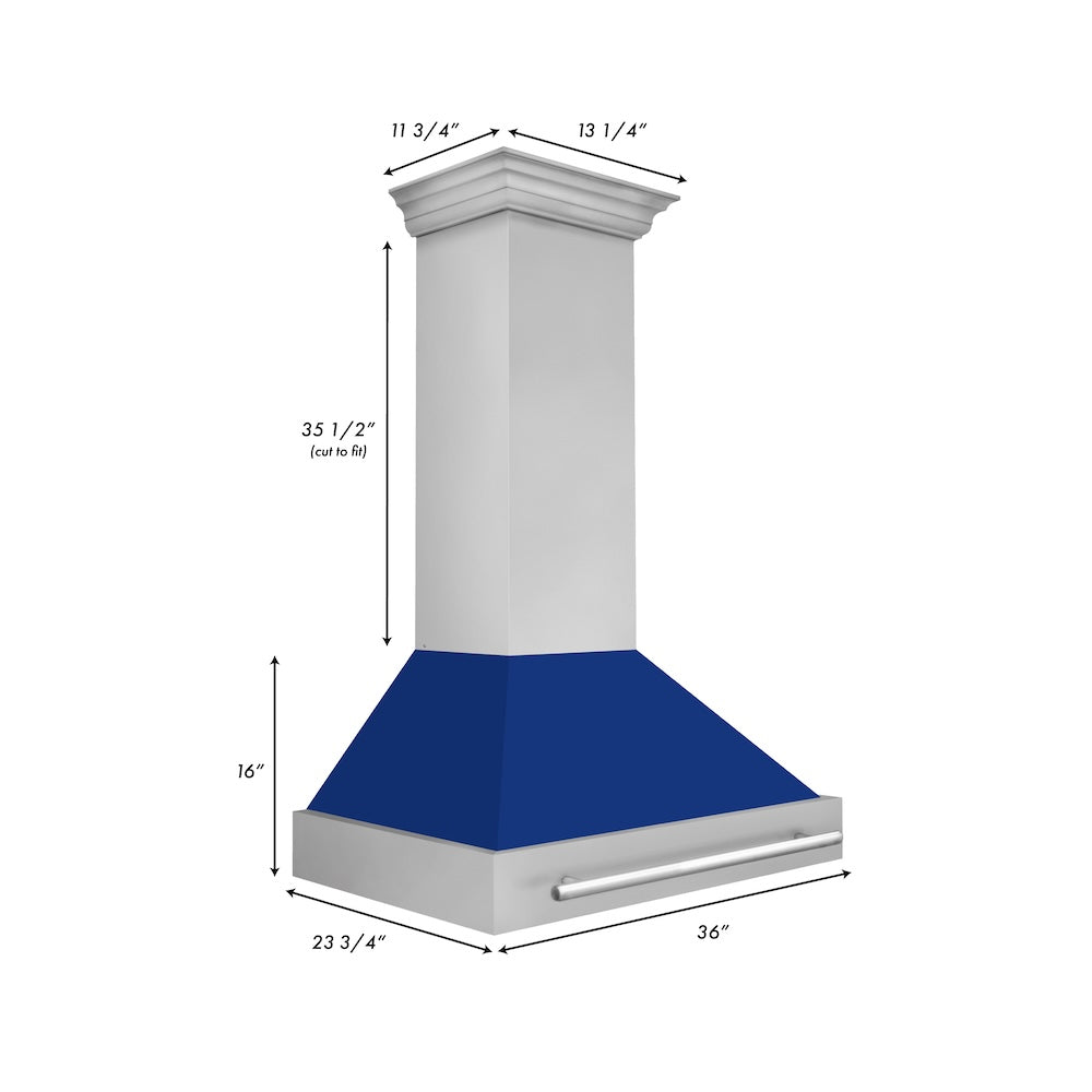 ZLINE 36 in. Stainless Steel Range Hood with Blue Gloss Shell and Stainless Steel Handle (8654STX-BG-36)