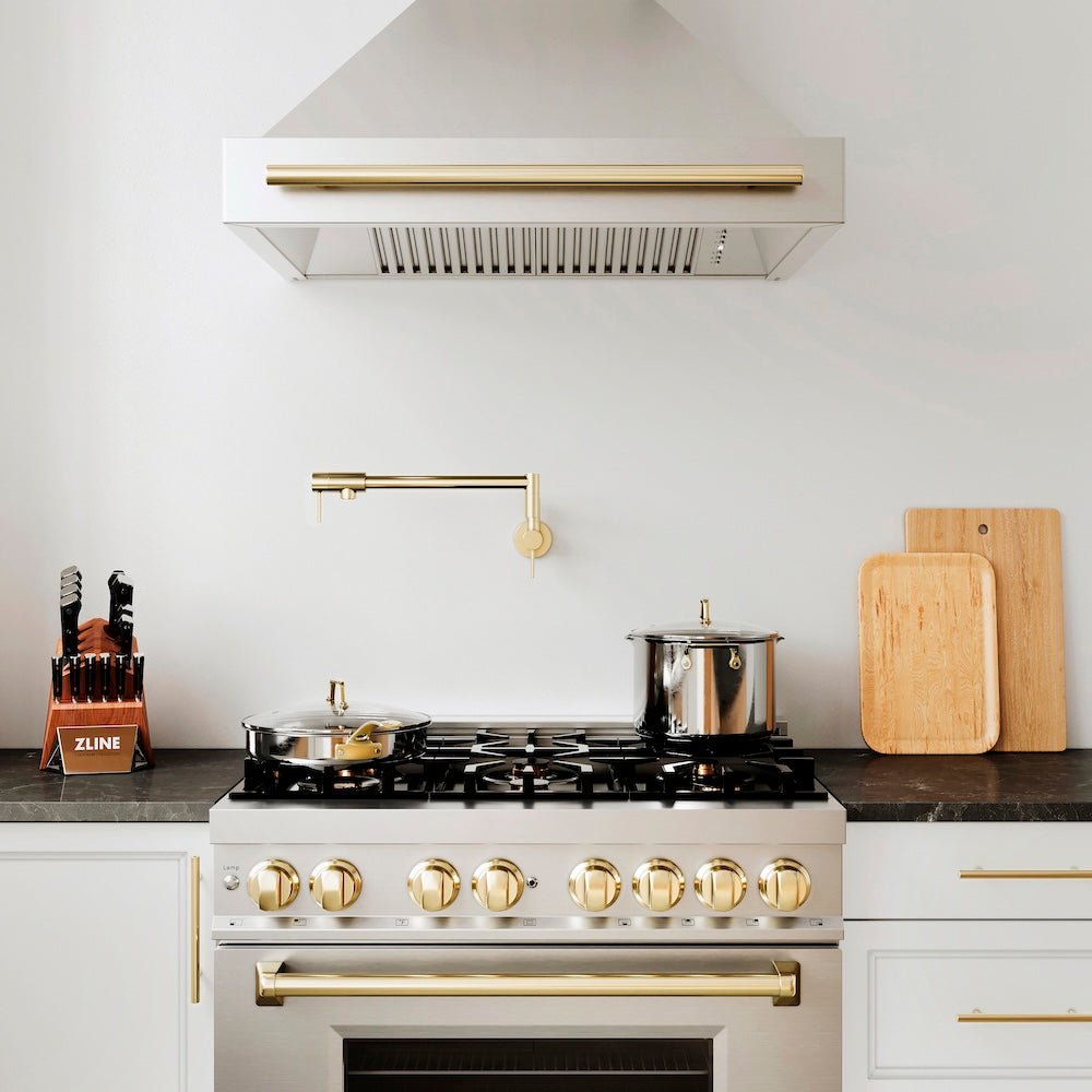 ZLINE Autograph Edition 36 in. Stainless Steel Range Hood with Stainless Steel Shell and Polished Gold Handle (8654STZ-36-G)