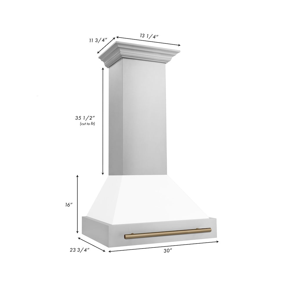 ZLINE Autograph Edition 30 in. Stainless Steel Range Hood with White Matte Shell and Champagne Bronze Handle (8654STZ-WM30-CB)