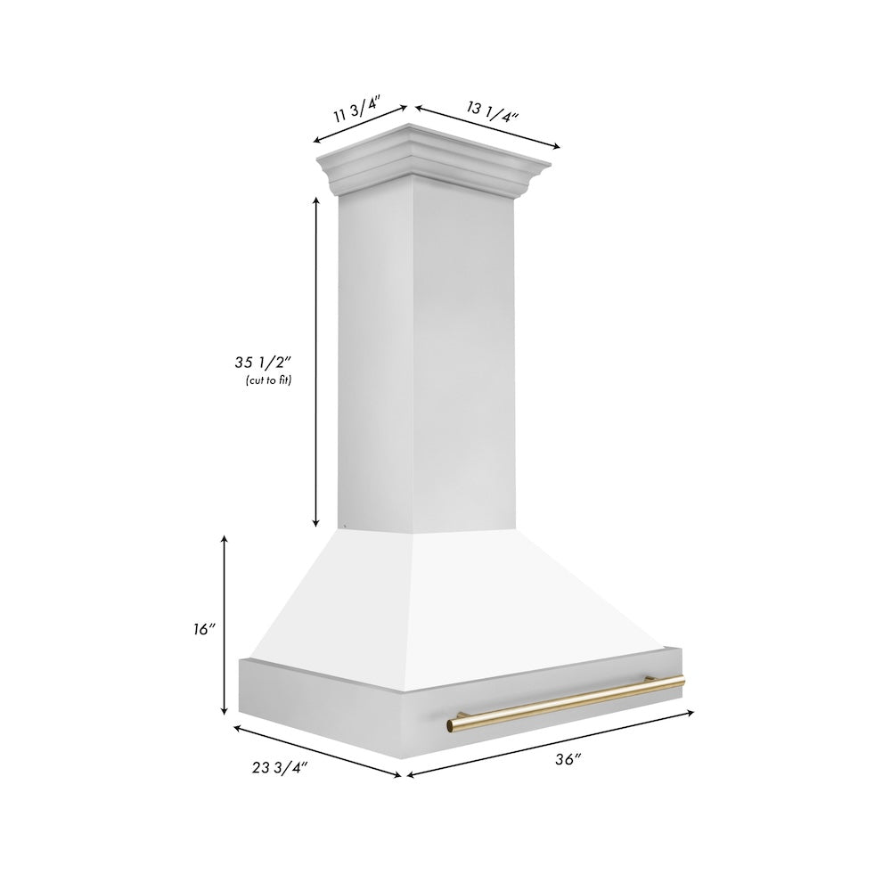 ZLINE Autograph Edition 36 in. Stainless Steel Range Hood with White Matte Shell and Polished Gold Handle (8654STZ-WM36-G)