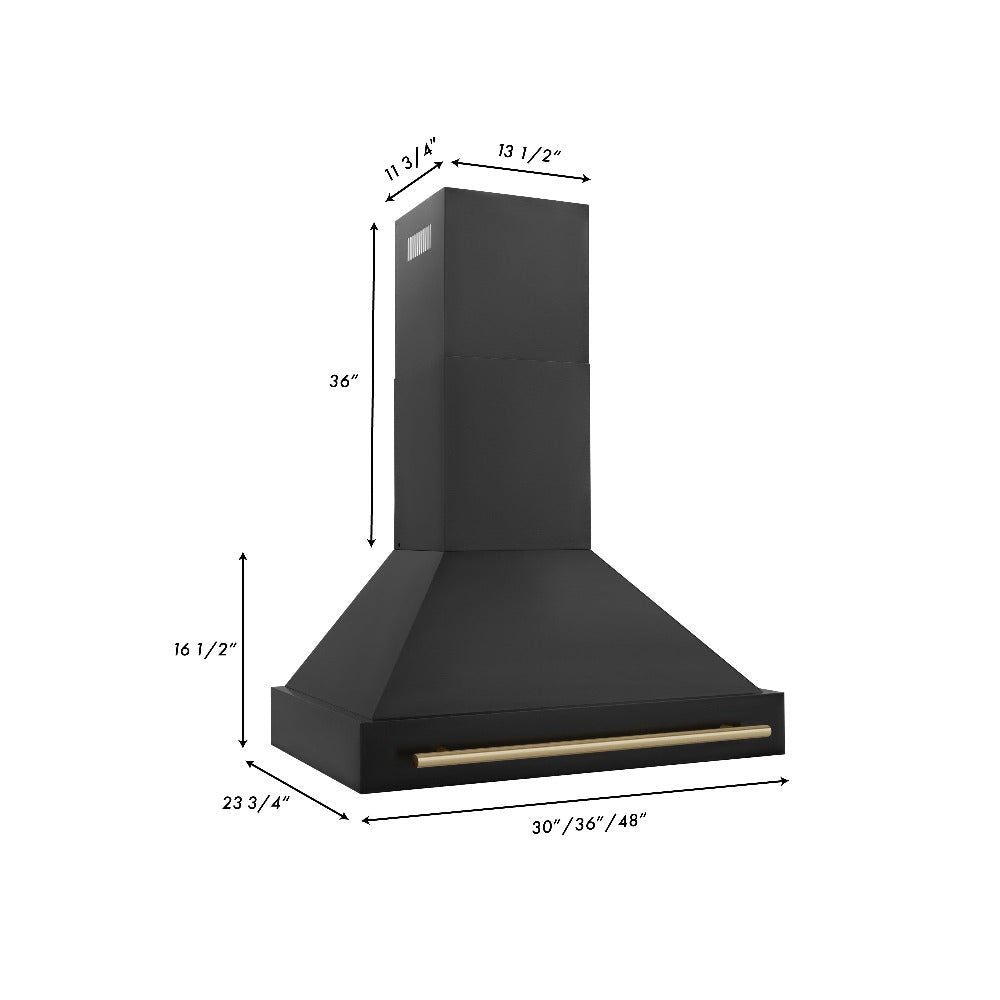 ZLINE Autograph Edition 36 in. Kitchen Package with Black Stainless Steel Dual Fuel Range, Range Hood, Dishwasher and Refrigerator Including Internal Water Dispenser with Champagne Bronze Accents (4AKPR-RABRHDWV36-CB)