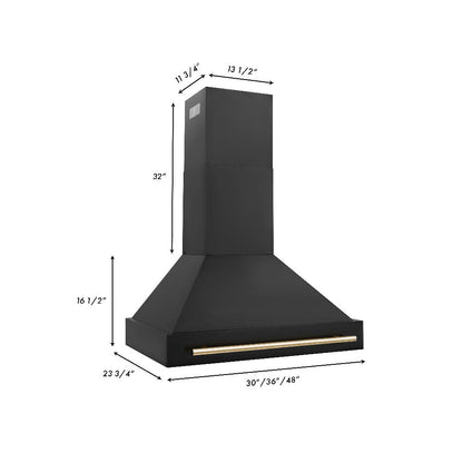 ZLINE Autograph Edition 36 in. Kitchen Package with Black Stainless Steel Dual Fuel Range, Range Hood, Dishwasher and Refrigerator with Polished Gold Accents (4AKPR-RABRHDWV36-G)