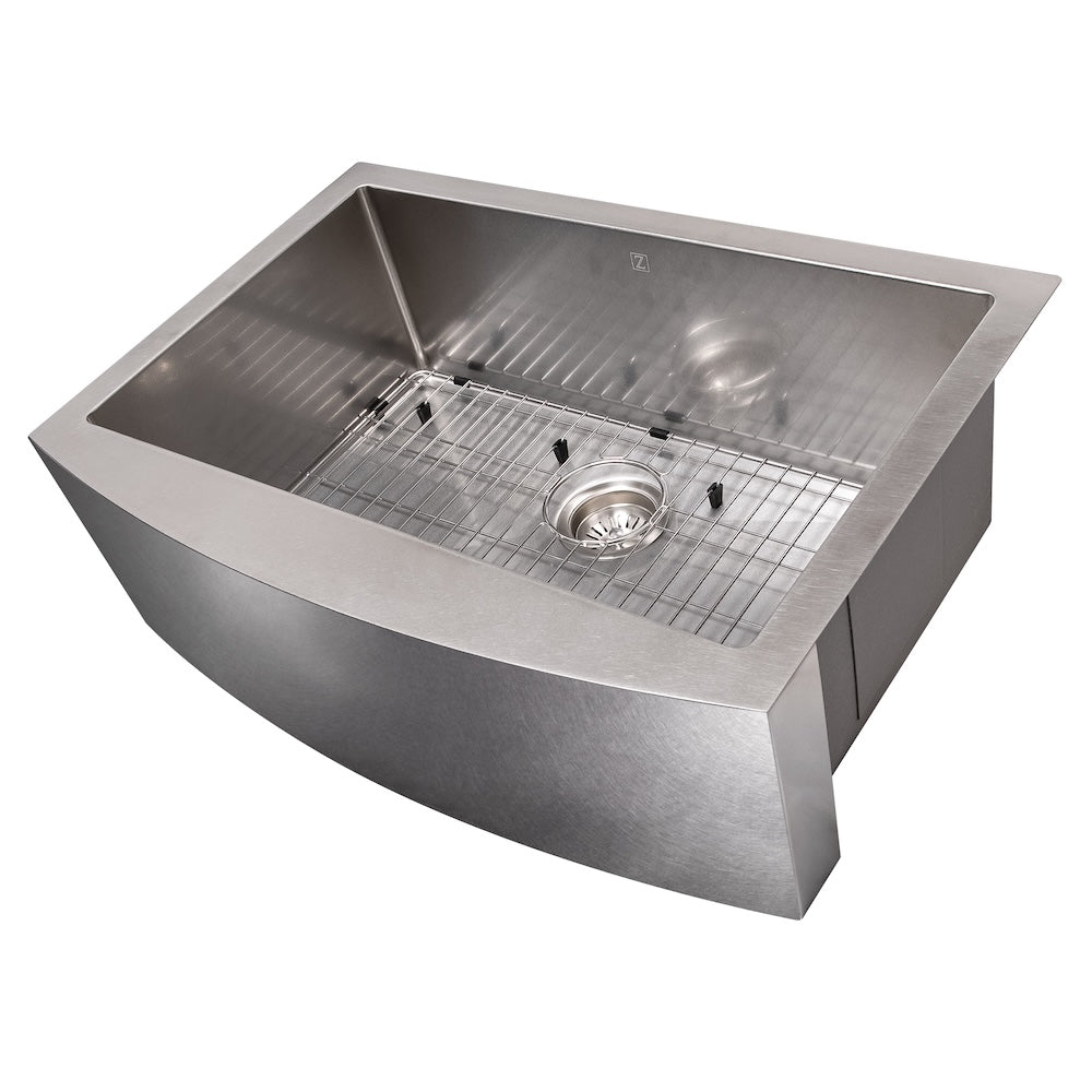 ZLINE 30 in. Zermatt Farmhouse Apron Mount Single Bowl Satin Stainless Steel Kitchen Sink with Bottom Grid (SAS-30S)