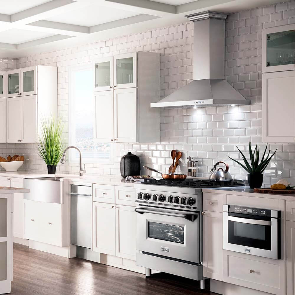 ZLINE Kitchen Package with Refrigerator, 36 in. Stainless Steel Dual Fuel Range, 36 in. Convertible Vent Range Hood, 24 in. Microwave Drawer, and 24 in. Tall Tub Dishwasher (5KPR-RARH36-MWDWV)