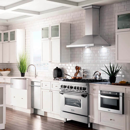 ZLINE Kitchen Package with Refrigerator, 36 in. Stainless Steel Dual Fuel Range, 36 in. Convertible Vent Range Hood, 24 in. Microwave Drawer, and 24 in. Tall Tub Dishwasher (5KPR-RARH36-MWDWV)