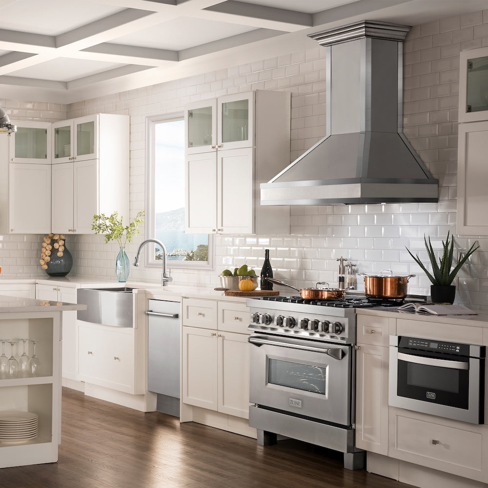 ZLINE 36 in. Designer Series Ducted Wall Mount Range Hood in Satin Stainless Steel with Mirror Accents (655MR-36)