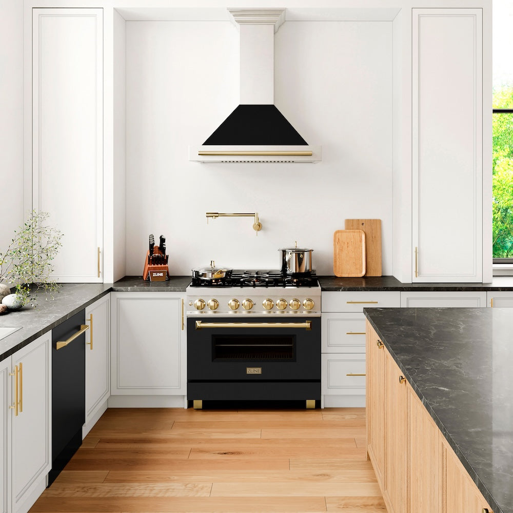 ZLINE Autograph Edition 36 in. Convertible Satin Stainless Steel Wall Mount Range Hood with Black Matte Shell and Polished Gold Handle (KB4SNZ-BLM36-G)