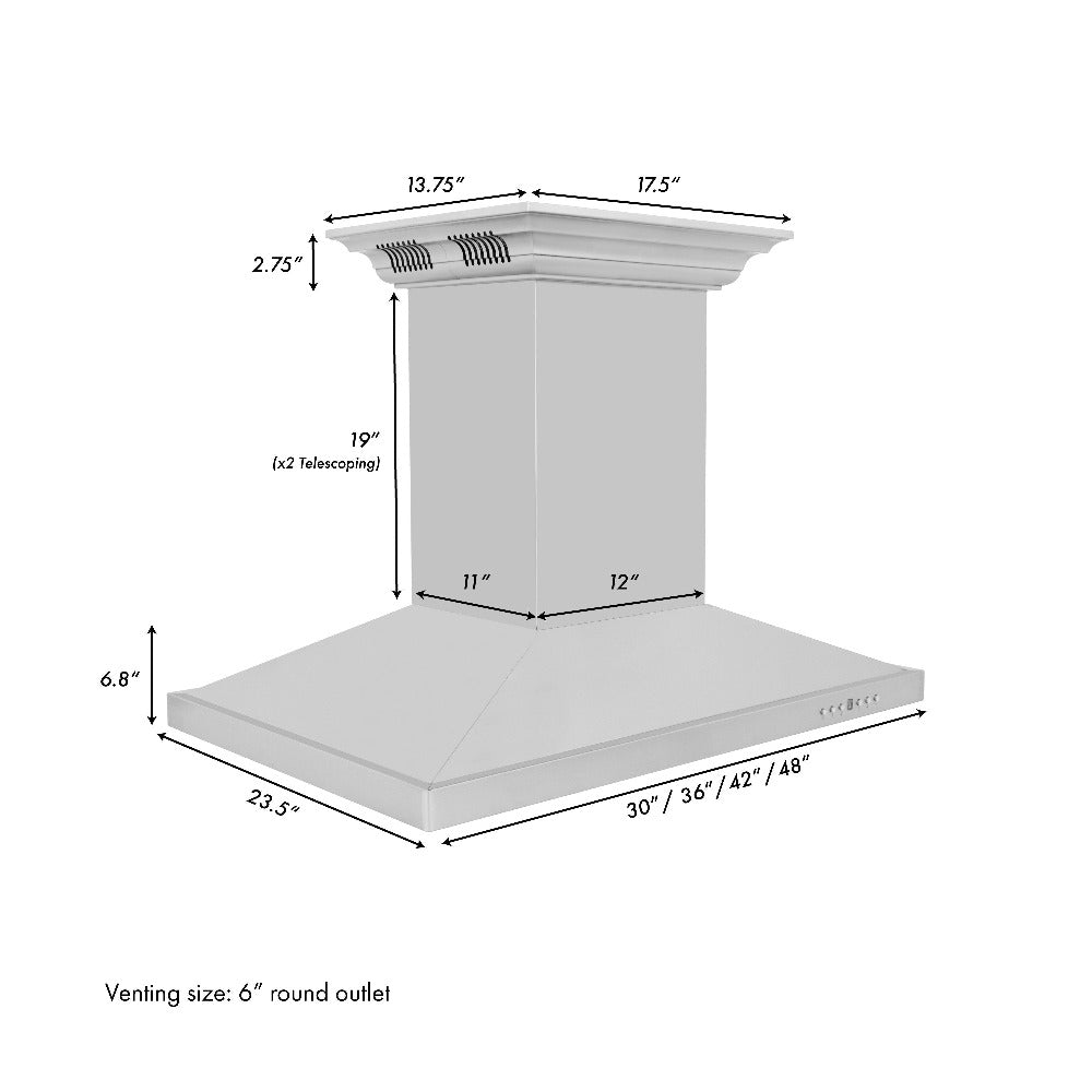 ZLINE 42 in. CrownSound™ Ducted Vent Island Mount Range Hood in Stainless Steel with Built-in Bluetooth Speakers (GL2iCRN-BT-42)