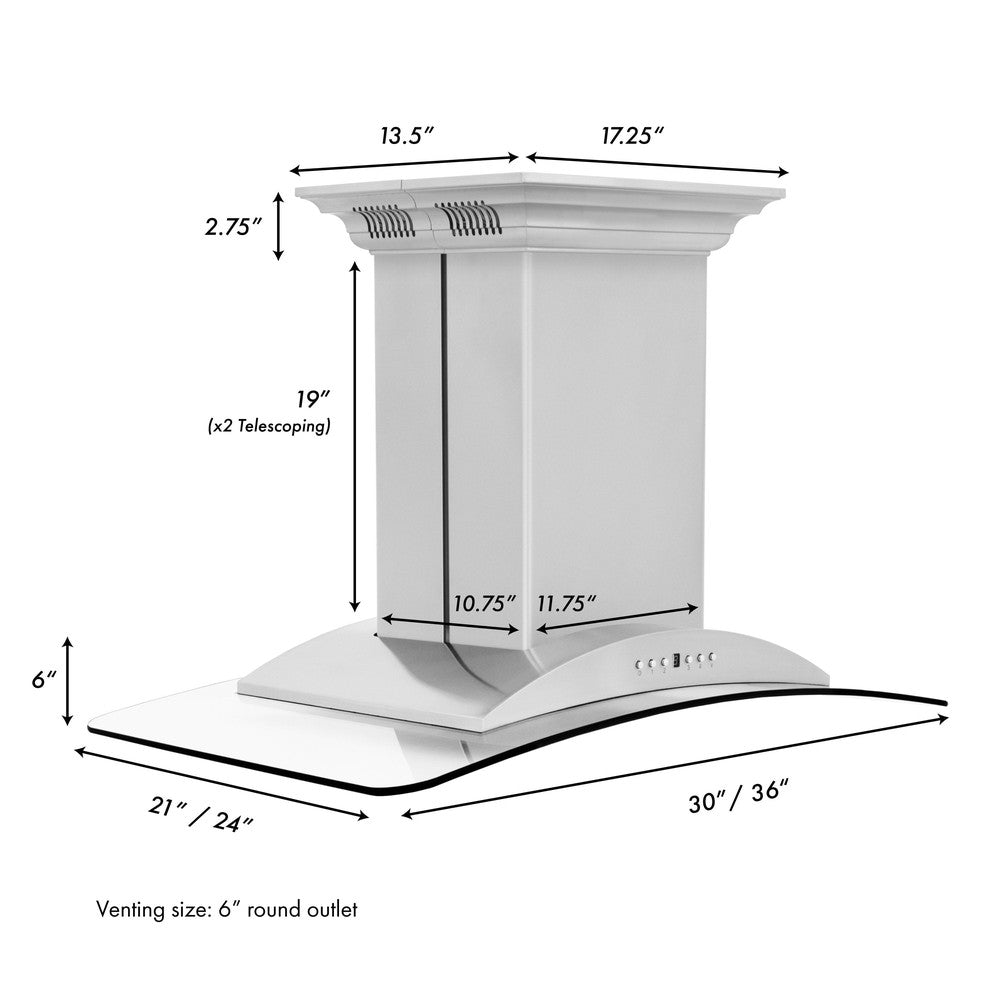 ZLINE 36 in. CrownSound™ Ducted Vent Island Mount Range Hood in Stainless Steel and Glass with Built-in Bluetooth Speakers (GL9iCRN-BT-36)
