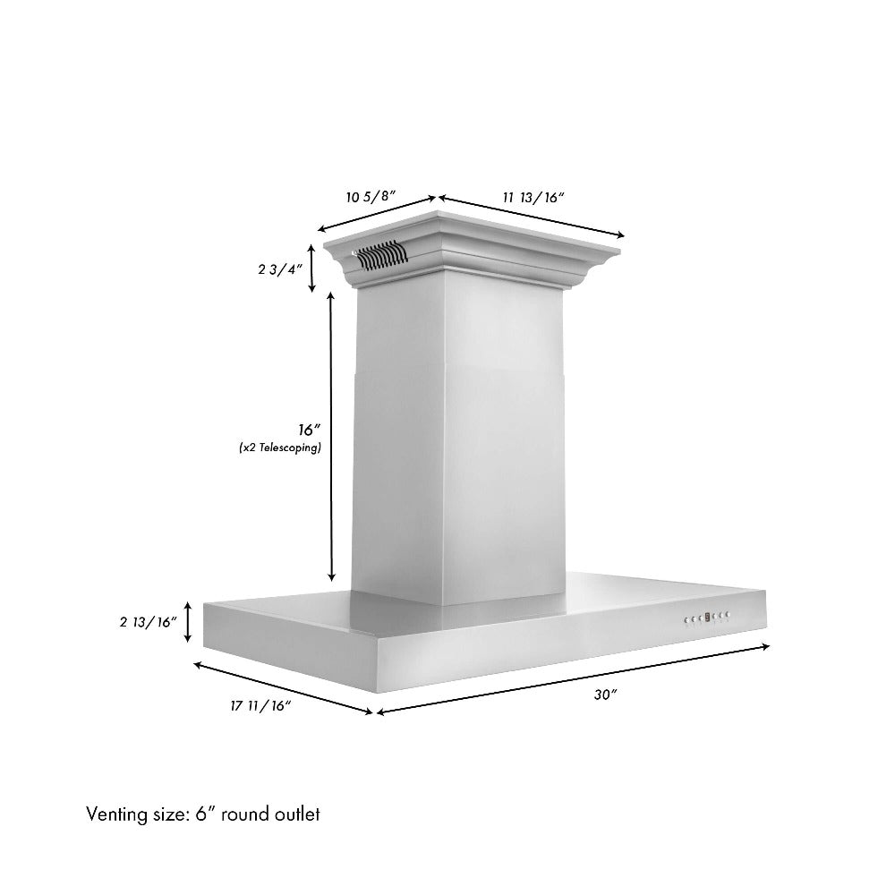 ZLINE 30 in. CrownSound™ Ducted Vent Wall Mount Range Hood in Stainless Steel with Built-in Bluetooth Speakers (KECRN-BT-30)