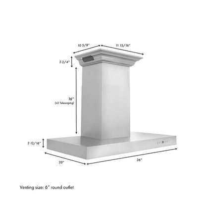 ZLINE 36 in. CrownSound™ Ducted Vent Wall Mount Range Hood in Stainless Steel with Built-in Bluetooth Speakers (KECRN-BT-36)