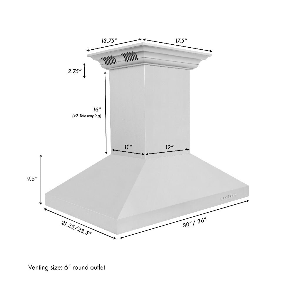 ZLINE 30 in. CrownSound™ Ducted Vent Island Mount Range Hood in Stainless Steel with Built-in Bluetooth Speakers (KL3iCRN-BT-30)