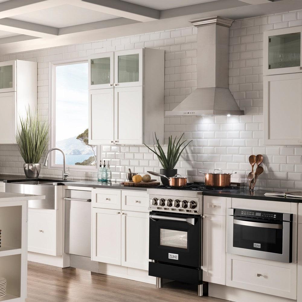 ZLINE 24 in. 2.8 cu. ft. Legacy Dual Fuel Range with 4 Burner Gas Cooktop and Electric Convection Oven in Stainless Steel and Black Matte Door (RA-BLM-24)