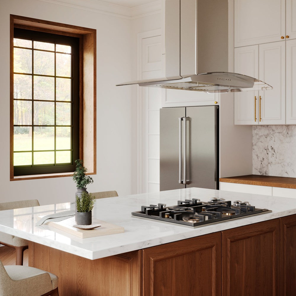 ZLINE 36 in. Convertible Vent Island Mount Range Hood in Stainless Steel and Glass (GL5i-36)