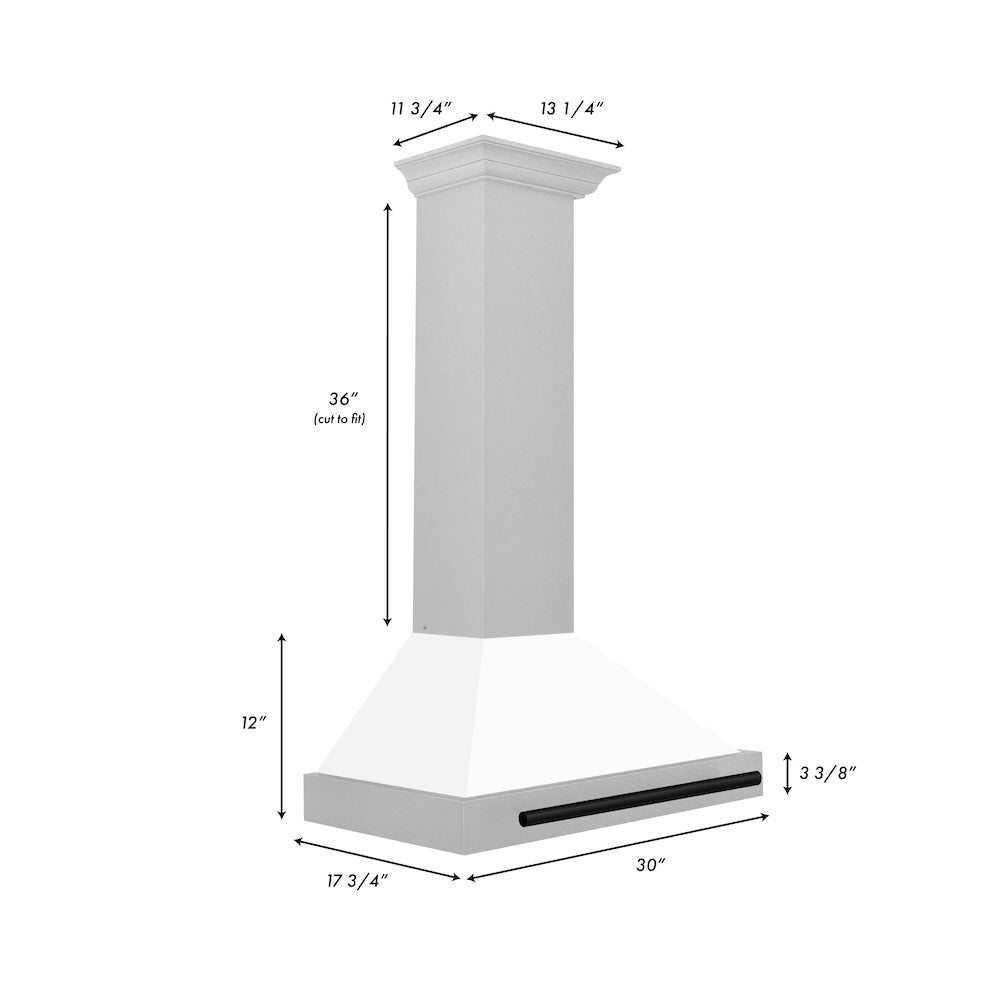 ZLINE Autograph Edition 30 in. Convertible Satin Stainless Steel Wall Mount Range Hood with White Matte Shell and Matte Black Handle (KB4SNZ-WM30-MB)