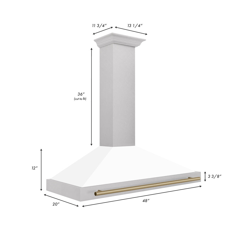 ZLINE Autograph Edition 48 in. Convertible Satin Stainless Steel Wall Mount Range Hood with White Matte Shell and Champagne Bronze Handle (KB4SNZ-WM48-CB)