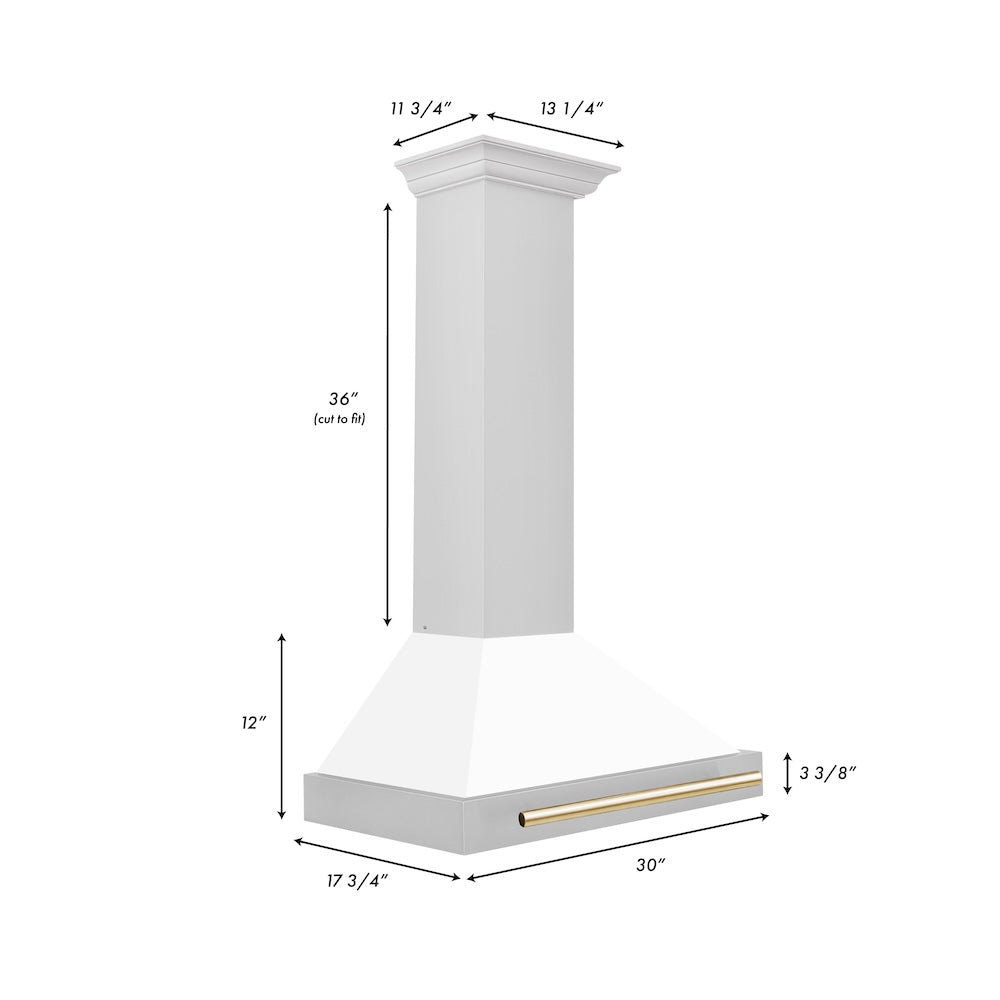 ZLINE Autograph Edition 30 in. Convertible Stainless Steel Range Hood with White Matte Shell and Polished Gold Accents (KB4STZ-WM30-G)