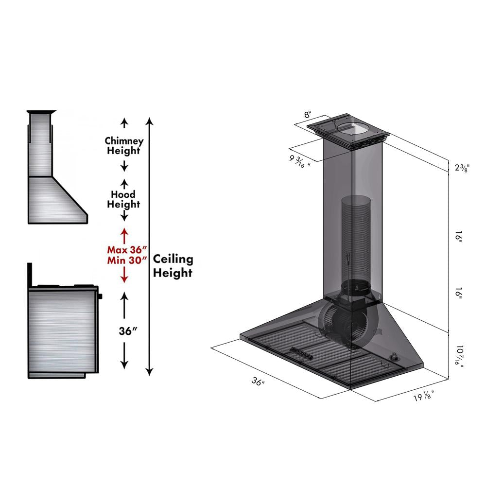 ZLINE 36 in. Convertible Vent Wall Mount Range Hood in Stainless Steel with Crown Molding (KL2CRN-36)