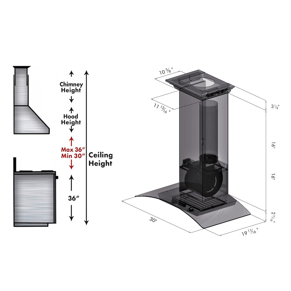 ZLINE 30 in. Convertible Vent Wall Mount Range Hood in Stainless Steel and Glass with Crown Molding (KZCRN-30)