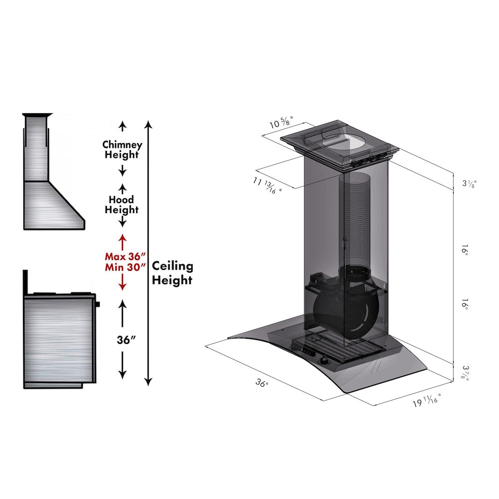 ZLINE 36 in. Convertible Vent Wall Mount Range Hood in Stainless Steel and Glass with Crown Molding (KZCRN-36)